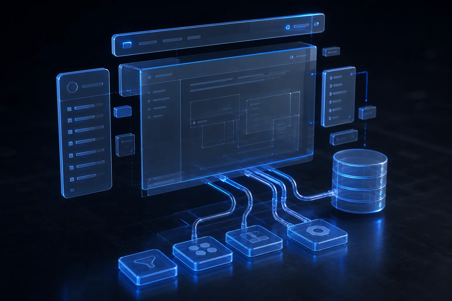 A web app opening into UI, data, and connection layers, ready to assemble